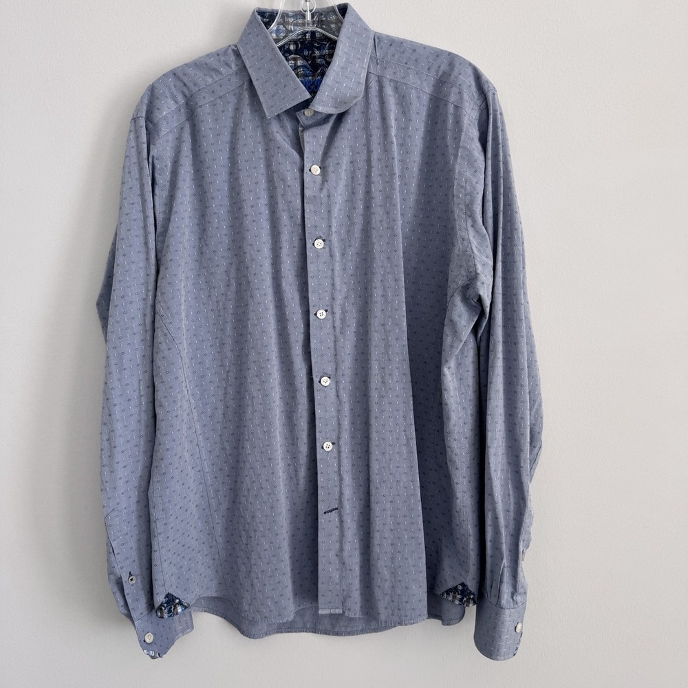 RGB Black Label Mens XL Blue Micro Dot Shirt Floral Trim Cotton